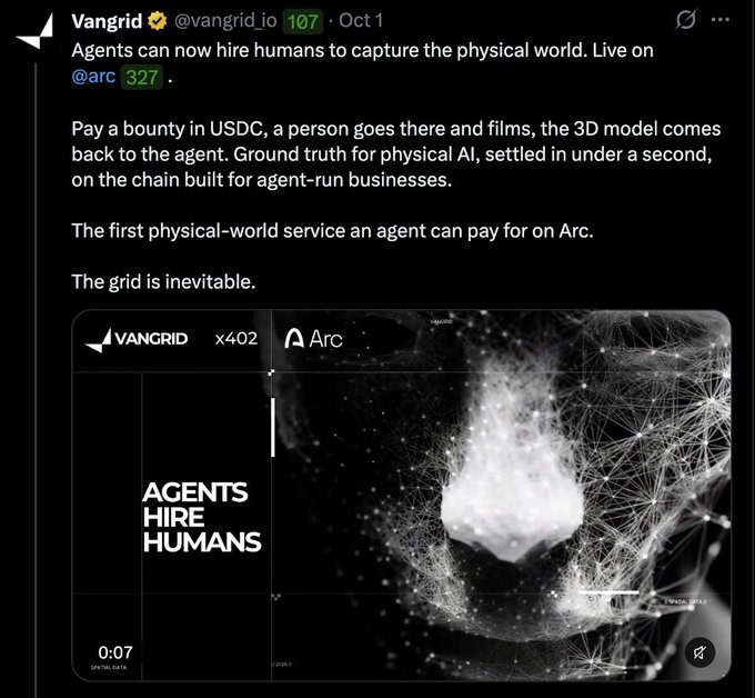 A tweet from Vangrid (@vangrid.io) dated Oct 1 announcing that 'Agents can now hire humans to capture the physical world' on @arc, with an accompanying graphic titled 'AGENTS HIRE HUMANS'.