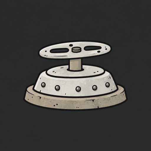 A digital drawing of a gray mechanical pedestal or base with a flat oval top, rivets along the edges, and a weathered texture against a dark background.