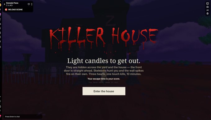 A screenshot of a video game titled 'KILLER HOUSE' with instructions to 'Light candles to get out,' describing hidden skeletons and traps, with a button labeled 'Enter the house'.