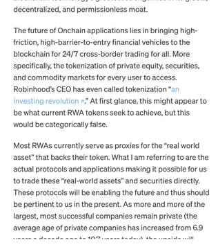 A screenshot of an article discussing Onchain applications, tokenization of real-world assets, and citing Robinhood's CEO calling it 'an investing revolution'.