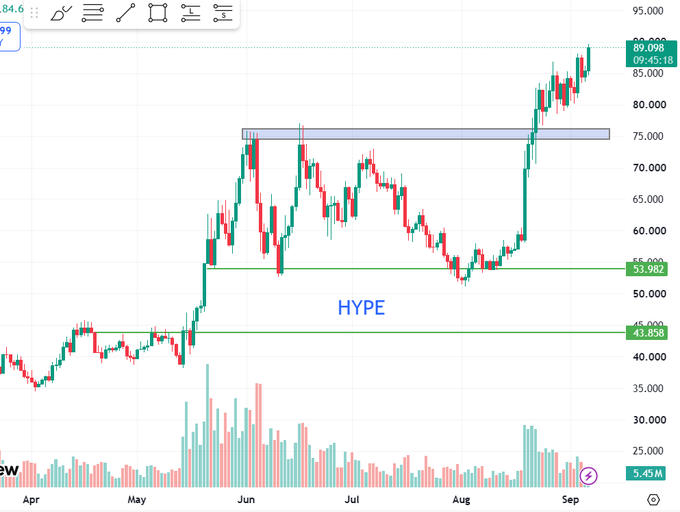 A financial candlestick chart labeled 'HYPE' showing price action from April to September, with values ranging around 84-89, resistance zones marked at approximately 75, 55, and 45.