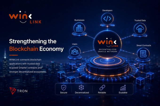 A blue tech-style promotional graphic for 'WinLink' by TRON, titled 'Strengthening the Blockchain Economy' with icons labeled Developers, Businesses, Trusted Data, Users, and Smart Contracts surrounding a central logo.