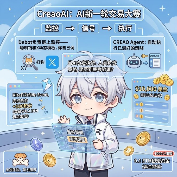 A Chinese-language promotional graphic for CreaoAI's new AI trading competition, featuring an anime-style character holding a tablet displaying "当前策略 实时调整" (current strategy, real-time adjustment), with information about Debot monitoring chains, CREAO Agent auto-execution, a $10,000 USD prize pool for the top 50, and a 0-1 ETH initial capital requirement.