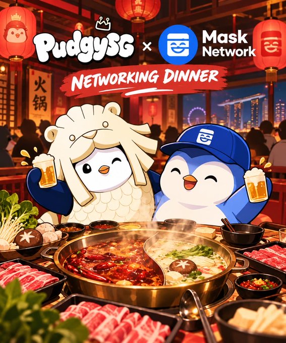 A promotional illustration for a 'Networking Dinner' collaboration between 'PudgySG' and 'Mask Network' features two cartoon penguin mascots holding beer mugs at a hotpot table with a city skyline and red lanterns in the background.