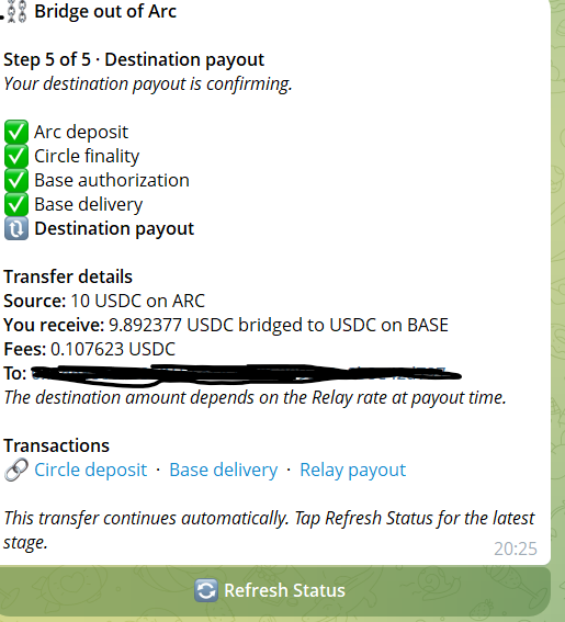 A 'Bridge out of Arc' transfer confirmation screen showing 10 USDC being bridged from ARC to USDC on BASE with fees of 0.107623 USDC.