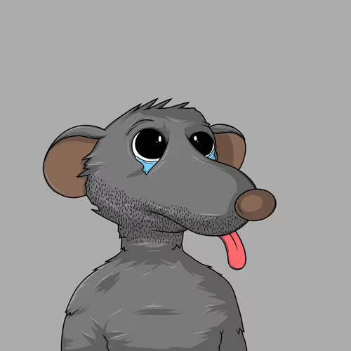 A cartoon-style illustration of a gray rat or mouse character with large expressive eyes, a pink tongue sticking out, and brown ears and nose, set against a plain gray background.