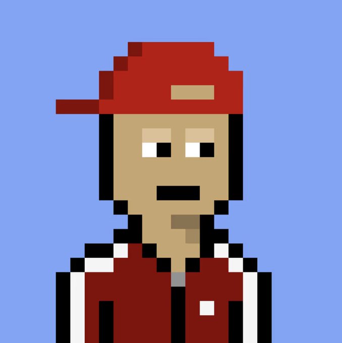 A pixel art portrait depicts a person wearing a red baseball cap and a red jacket against a solid blue background.