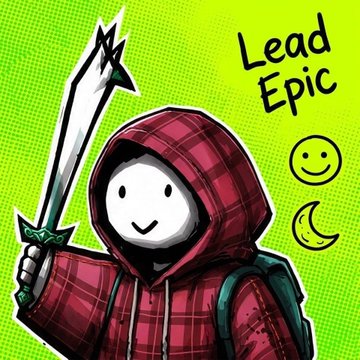 A cartoon illustration of a hooded figure in a red plaid hoodie holding a large sword, with the text 'Lead Epic' alongside smiley face and crescent moon icons on a green background.