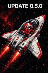 A vibrant space-themed illustration of a red and white rocket ship with a cartoonish pilot in the cockpit, flying through a starry galaxy with 'UPDATE 0.5.0' displayed at the top.