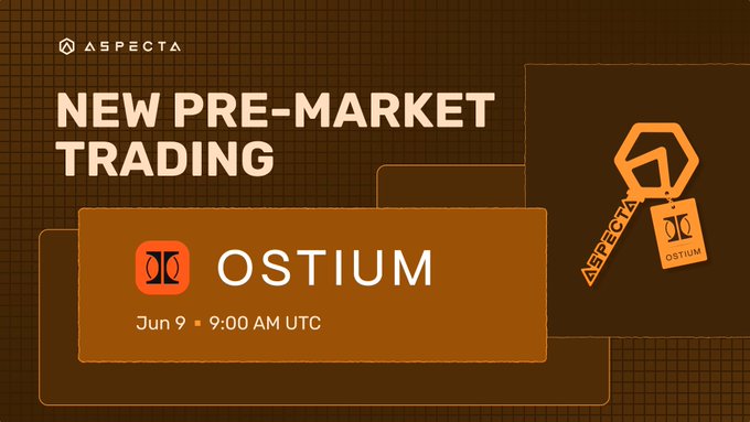 The image displays a promotional banner for a cryptocurrency auction happening at Aspecta Pre-Market at 9 AM UTC (09:00am). The event is focused on token trading, with a long/short list of tokens available, ranging from $500M to $25M tradeable. Interested individuals can participate in this innovative decentralized settlement that offers the convenience of fast transactions without the need for liquidation. Furthermore, the image includes the hashtag "#pre-market #crypto" and mentions "Ostium", which is a cryptocurrency based on Bitcoin.
