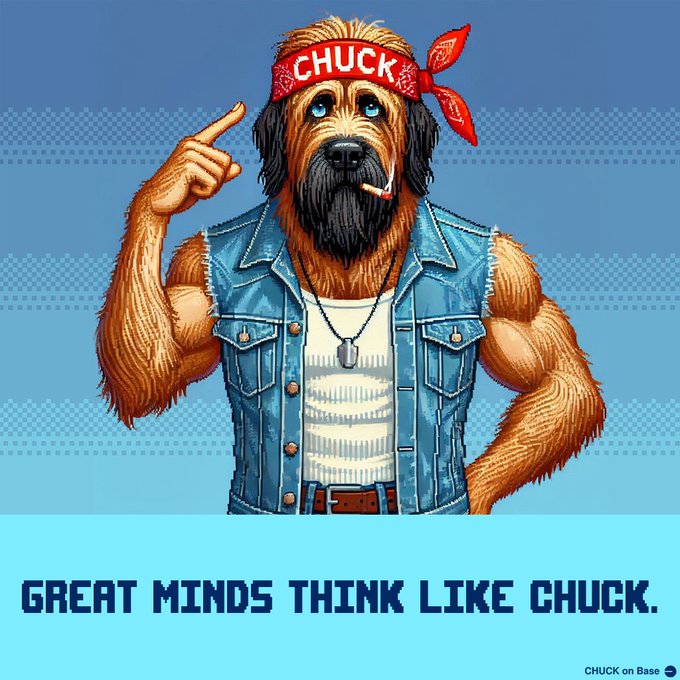 Stylized illustration of a muscular dog wearing a red 'CHUCK' bandana and denim vest, pointing at its temple with a cigarette in its mouth, captioned 'GREAT MINDS THINK LIKE CHUCK.' and 'CHUCK on Base'.
