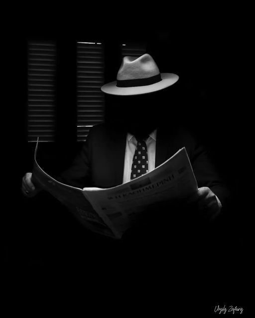 A black and white artistic photograph of a silhouette of a man in a suit, polka dot tie, and fedora hat reading a newspaper, with the face obscured by shadow, signed 'Digby Difers'.