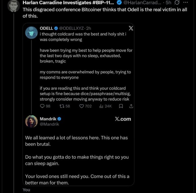 A tweet by Harlan Carradine (@HarlanCarradine) showing a thread where Odell (@ODELLXYZ) admits he was wrong about Coldcard being the best option after helping users migrate funds over two exhausting days, followed by Mandrik (@Mandrik) offering supportive advice. The accompanying post defends Odell as a friend being supported through difficulties, noting that BIP110 supporters wouldn't understand such loyalty.