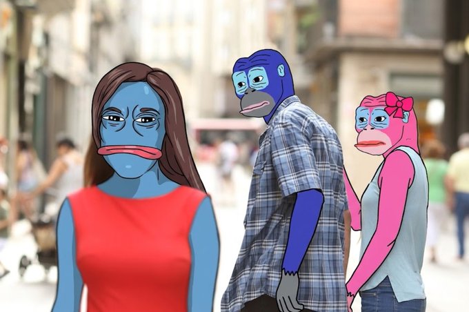 An illustration of three cartoon characters with blue and pink monkey-like faces superimposed over people in a busy city street.
