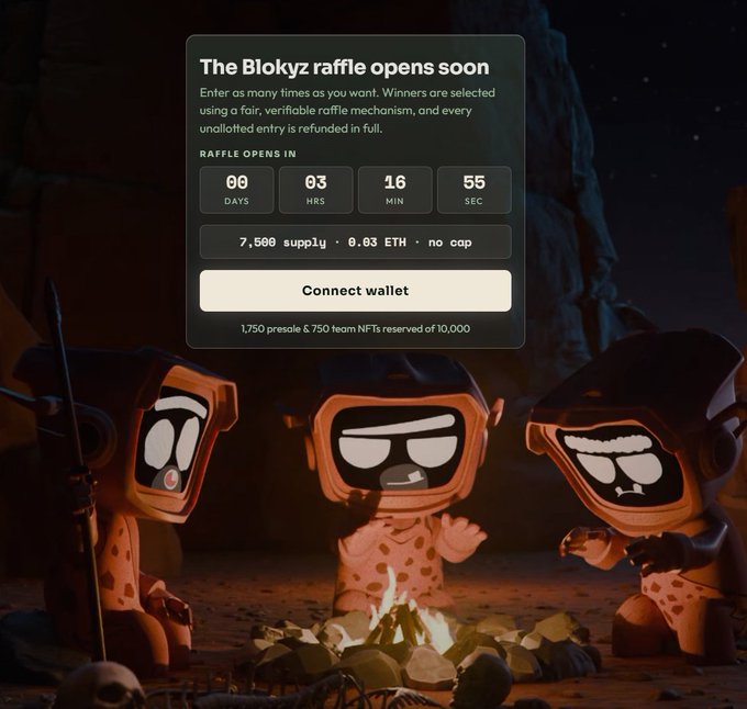 A promotional page for "The Blokyz raffle" displaying a countdown timer (00 days, 03 hrs, 16 min, 55 sec), raffle details (7,500 supply, 0.03 ETH, no cap), and three cartoon characters in spacesuits gathered around a campfire.