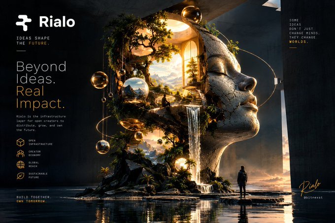 A promotional banner for 'Rialo' with the tagline 'Beyond Ideas. Real Impact.' and 'IDEAS SHAPE THE FUTURE', featuring a surreal artwork of a cracked statue head with a tree, waterfall, and staircase growing inside, surrounded by floating golden orbs.