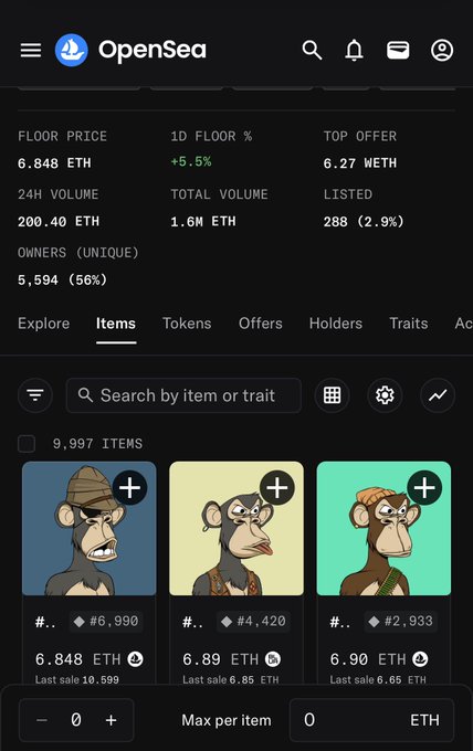 A screenshot of the OpenSea NFT marketplace mobile app displaying a Bored Ape Yacht Club collection with a floor price of 6.848 ETH, 1D floor change of +5.5%, and various ape listings shown.
