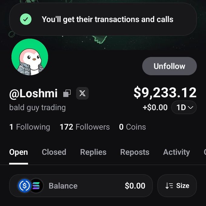 A screenshot of the @Loshmi ("bald guy trading") profile page showing a portfolio value of $9,233.12 with 172 followers and a $0.00 balance, along with a notification banner reading "You'll get their transactions and calls"—highlighting the trader being promoted in the accompanying post as someone providing "$TOAD" calls to followers.