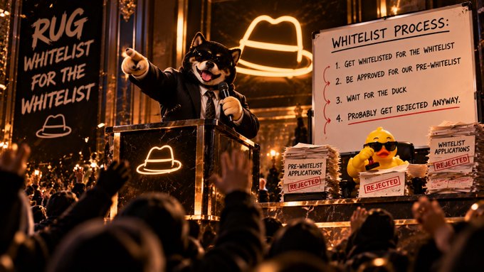 A Shiba Inu dog in a suit stands at a podium in front of a whiteboard listing a 'WHITELIST PROCESS' that includes 'WAIT FOR THE DUCK,' with a rubber duck on the desk and a crowd raising their hands.
