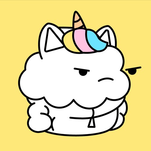 A cartoon illustration of a grumpy-looking cloud character with cat ears and a pastel-colored unicorn horn sitting on its head, wearing a collar with a bell.