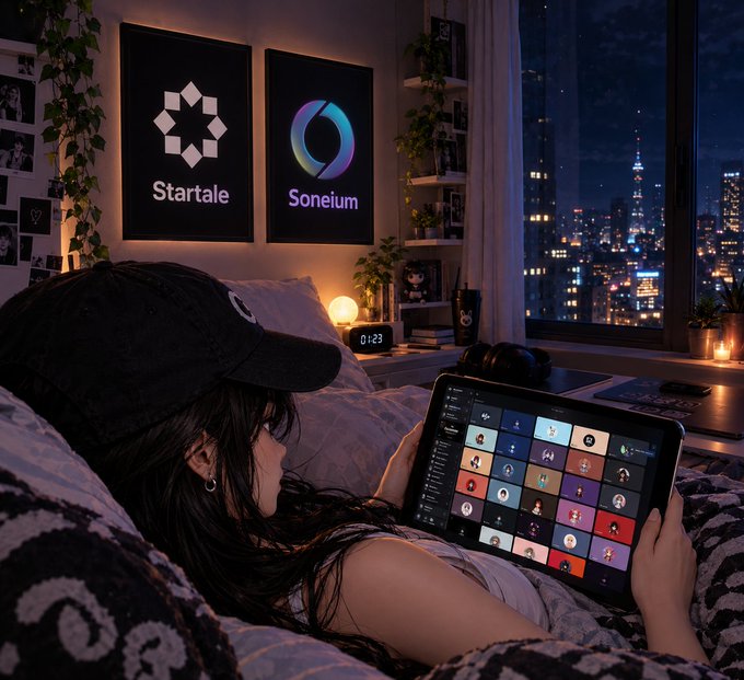 A person wearing a cap relaxes on a bed at night, viewing a tablet displaying what appears to be a live community call, with "Startale" and "Soneium" logos visible on framed artwork behind them—fitting the post's reflection on ending the week with an engaging community call.