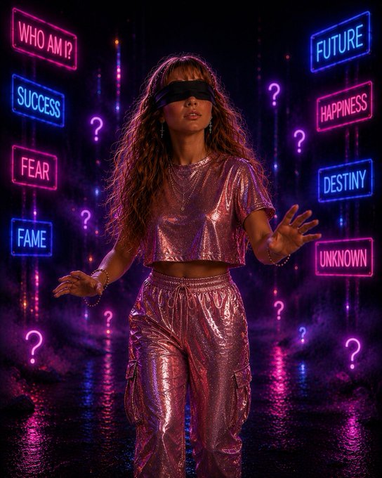 A woman in a pink metallic outfit and black blindfold reaching out, surrounded by floating neon signs with words like 'SUCCESS', 'FUTURE', 'FEAR', 'HAPPINESS', 'FAME', 'DESTINY', and 'UNKNOWN'.