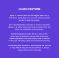 A dark blue informational slide titled 'DEAR EVERYONE' containing a message about improving third-party services to ensure reliable operations and provide genuine value to customers.