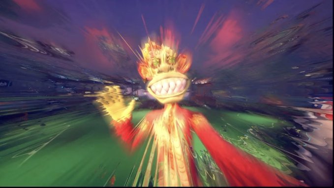The image features a cartoon monkey with a big smile and teeth, wearing a red shirt and standing out against a purple background. The monkey appears to be waving at the viewer, creating an engaging and fun atmosphere. The photo has been edited or photoshopped in such a way that it gives the impression of being taken from another world, adding a sense of surrealism to the scene.

The post includes text elements like "Figuring out @OthersideMeta slowly, but surely. This Koda cam is pretty sweet." and "@MeebitsNFTs @apecoin". These details help to create a cohesive narrative around the image, tying it back to the original post about the Koda cam. The monkey's presence in this context adds an element of whimsy and humor to the overall scene.