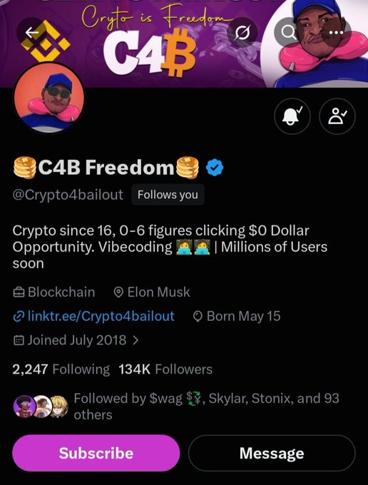A screenshot of the X (Twitter) profile for "C4B Freedom" (@Crypto4bailout), a verified crypto account with 134K followers and the tagline "Crypto is Freedom" topped with "C4$B," confirming the user mentioned in the post who now follows the author.