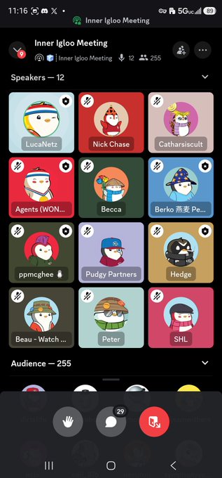 A mobile screenshot of a Clubhouse room titled 'Inner Igloo Meeting' showing 12 speakers and 255 audience members, with various cartoon penguin and character avatars.