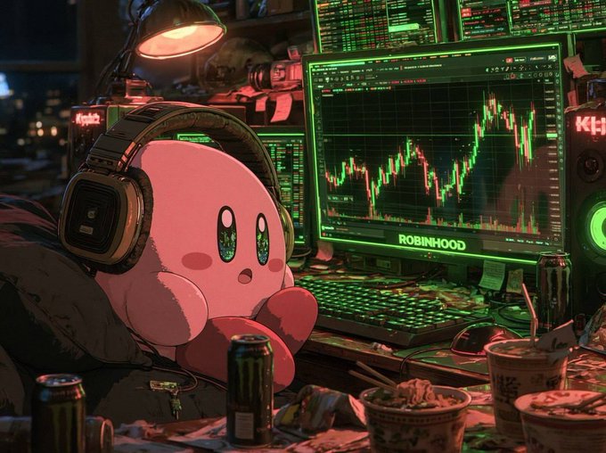 An illustration of Kirby, the pink video game character, wearing large headphones while sitting at a desk with multiple monitors displaying Robinhood stock charts, surrounded by energy drink cans and instant noodle cups.