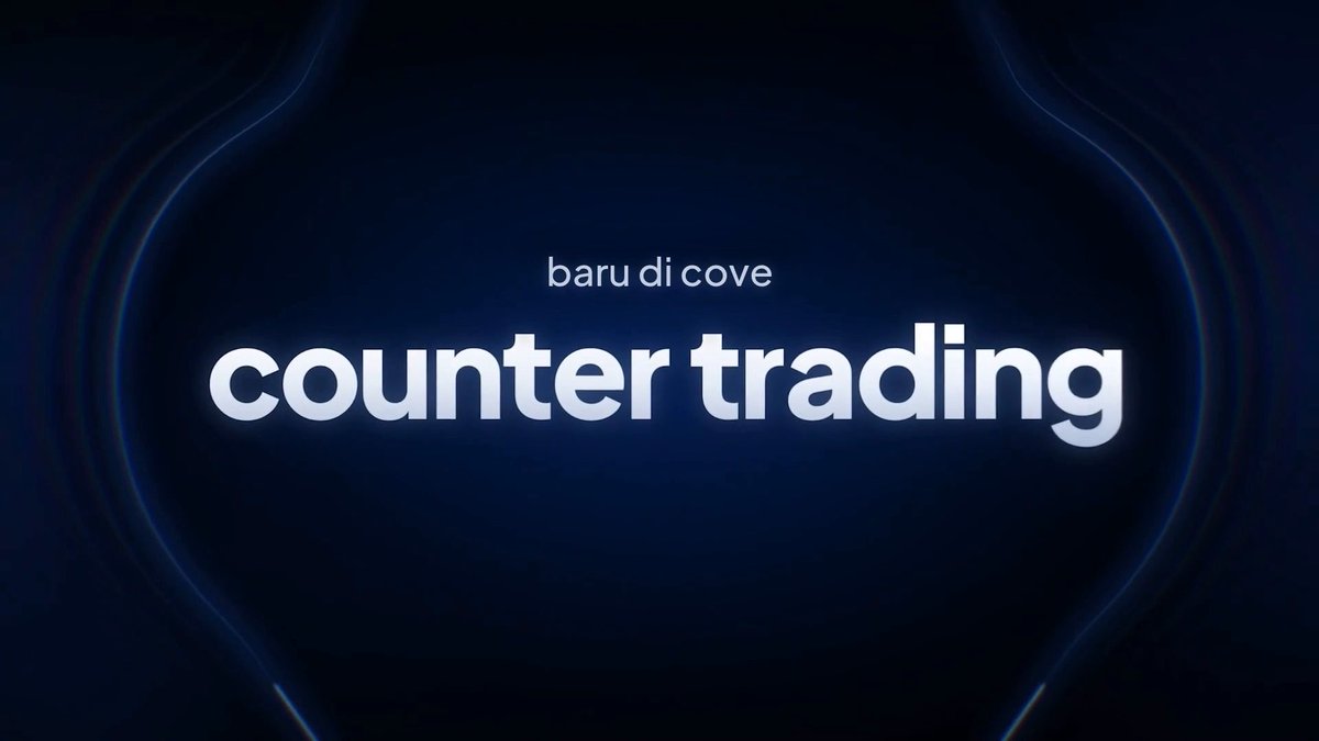 A dark blue title card with glowing outlines reads “baru di cove” above the large words “counter trading.”