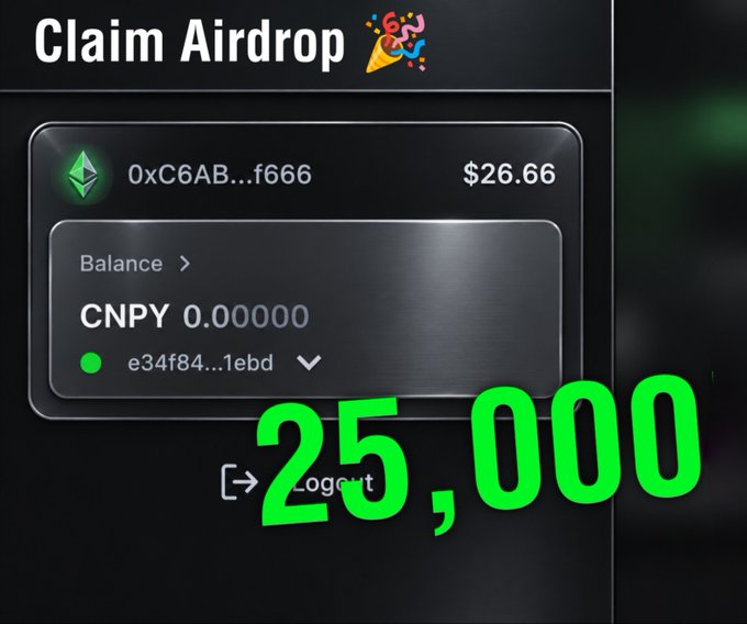 The image shows a "Claim Airdrop" page for the $CNPY token with a wallet address (0xC6AB...f666) holding $26.66, but displaying a CNPY balance of 0.00000, overlaid with large green text reading "25,000" to highlight the poster's points that earned no allocation despite their 25,000+ CNPY Network points.