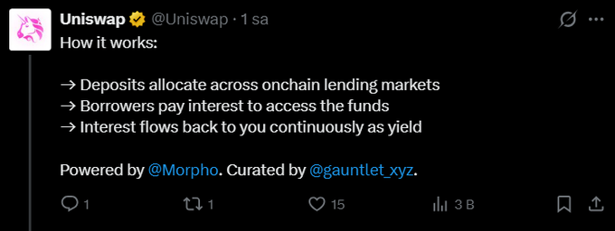A tweet from @Uniswap explaining how its new Earn feature works, highlighting that deposits allocate across onchain lending markets and interest flows back as yield, with infrastructure powered by @Morpho and curated by @gauntlet.xyz. The post supports this by noting Uniswap's new Earn feature allows users to invest in USDC, USDT, and ETH directly through the app.