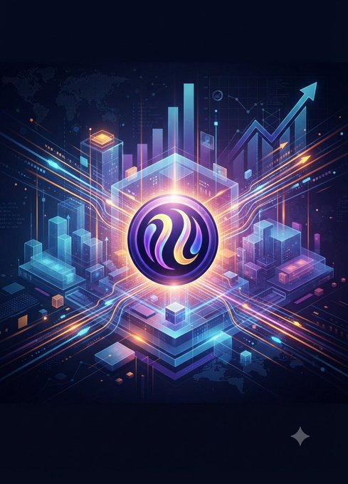 A vibrant digital artwork featuring a glowing purple and gold cryptocurrency-style coin icon at the heart of a neon futuristic city with skyscrapers, circuit lines, and an upward chart arrow.