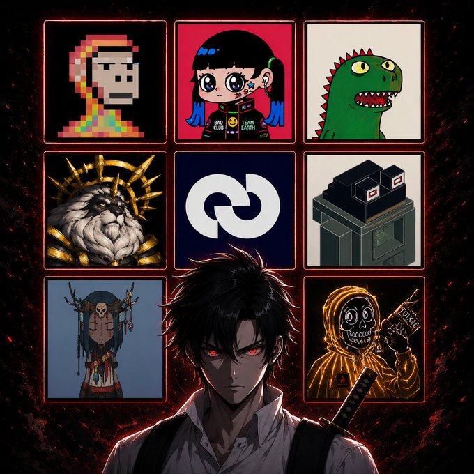 A dark-haired anime character with glowing red eyes stands before a 3x3 grid showcasing NFT project art, including a pixelated figure, a cartoon girl holding a "BAD CLUB / TEAM EARTH" sign, a green dinosaur, a crowned lion, a 3D cube character, and a figure holding a "TOXIC" bottle. The layout appears to represent a collection of upcoming Robinhood NFT projects, including Internet Monkes, which mints 5,000 unique digital collectibles on August 28 at 0.0075 ETH.