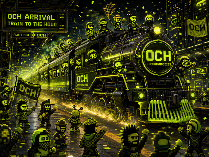 A pixel-art style digital illustration depicts a steam train arriving at a station with 'OCH ARRIVAL' and 'TRAIN TO THE HOOD' on the signs, featuring pixelated characters in green and black with 'OCH ONCHAINHOODIES' branding.
