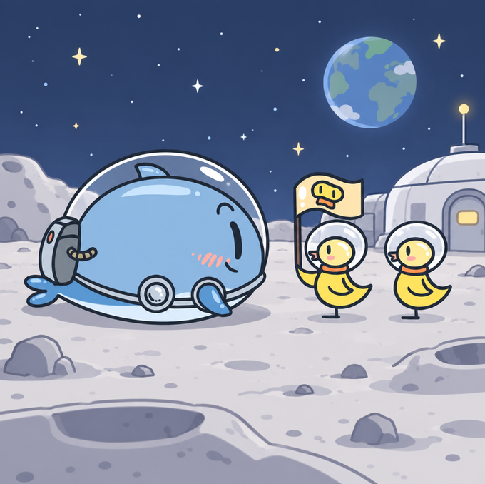 A cartoon whale spacesuit lands on the moon, greeted by two small duck astronauts holding a flag with the Cetus logo, symbolizing #Cetus as a new "landing ground" for the organic, community-driven meme wave rising on Sui.