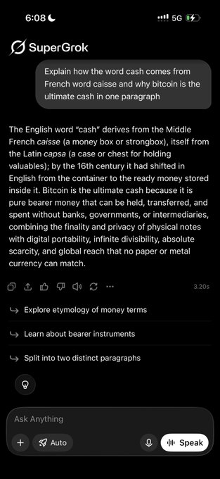 A SuperGrok AI chat interface showing a response explaining that the English word 'cash' derives from the Middle French 'caisse' and why Bitcoin is the ultimate cash.