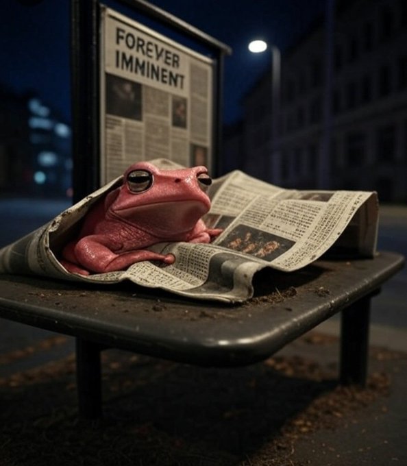 A pink frog sits on a newspaper atop a bench in a dark street, with a newsstand behind it displaying a paper titled "FOREVER IMMINENT."