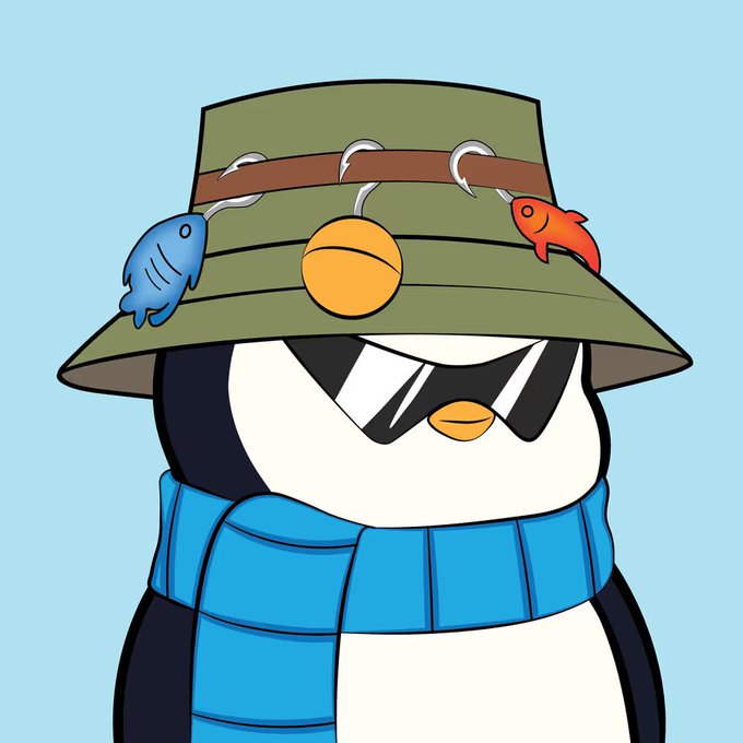 A cartoon drawing of a penguin wearing a green bucket hat adorned with fishing lures and a blue scarf.