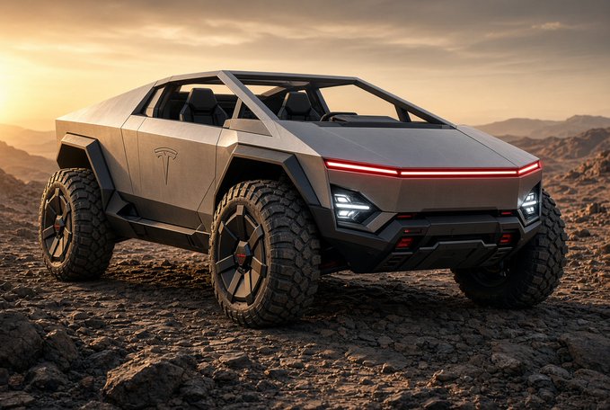 A rugged Tesla Cybertruck-style ATV, bearing the Tesla logo, sits on rocky terrain at sunset, matching the post’s description of an ATV concept created by SuperGrok.