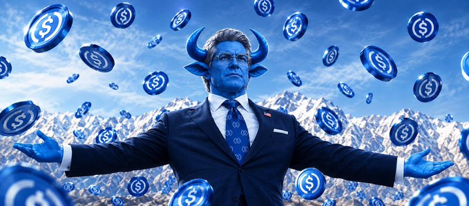 A man in a suit with blue skin and bull horns stands with arms outstretched against a snowy mountain backdrop, surrounded by floating blue coin tokens.