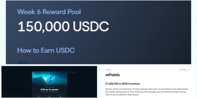 The image shows a "Week 6 Reward Pool" of 150,000 USDC and an Exchange promotion for mPoints offering $1,000,000 in MON incentives starting July 8th for users earning mPoints weekly based on Perpl trading activity. These reward pool graphics visually support the post's mention of USDC farming opportunities and ongoing points campaigns across platforms like TreadFi and Perpl.