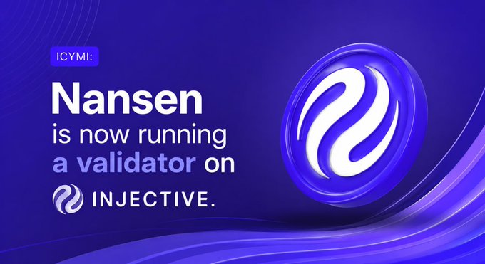 A purple-toned graphic with the header "ICYMI:" announces that "Nansen is now running a validator on INJECTIVE," accompanied by the Injective logo—a stylized white swirl on a blue circular emblem—visually reinforcing the announcement that the analytics platform is now actively operating within the Injective network.