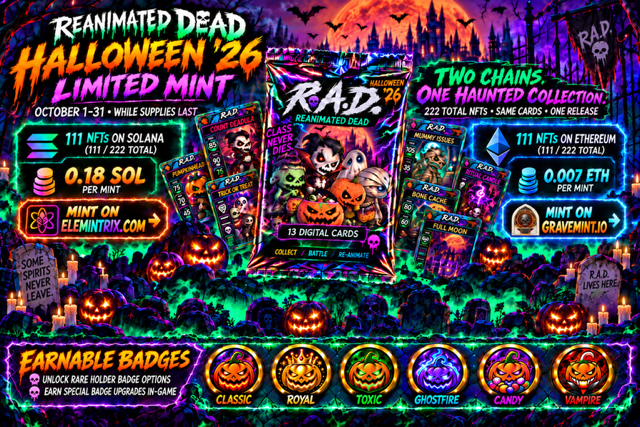 Colorful Halloween-themed NFT promotional banner for 'Reanimated Dead Halloween '26 Limited Mint' with collectible cards and earnable badges.