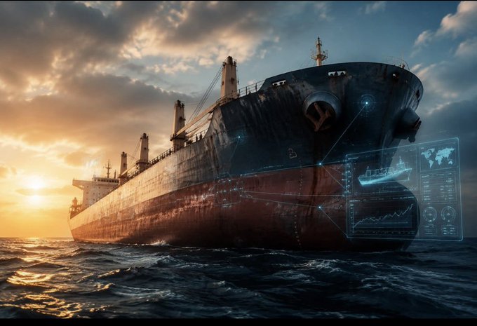 A large weathered cargo ship at sea during sunset, overlaid with futuristic holographic displays showing navigation data, a world map, and performance graphs.