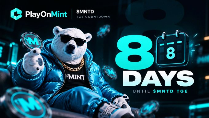A promotional graphic for 'PlayOnMint' featuring a polar bear in a blue puffer jacket and sunglasses holding an 'M' coin, with text reading '$MNTD TGE COUNTDOWN' and '8 DAYS UNTIL $MNTD TGE' next to a calendar icon.