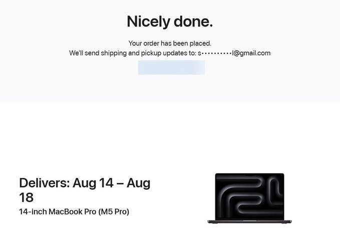 Apple order confirmation screen showing "Nicely done." with delivery dates of Aug 14 – Aug 18 for a 14-inch MacBook Pro (M5 Pro).