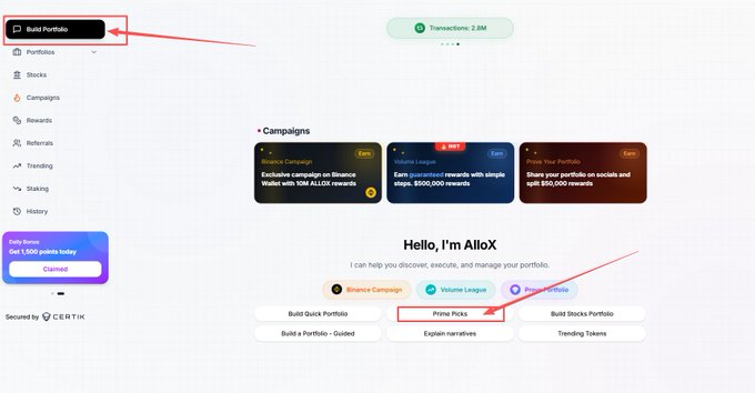 A dashboard interface labeled 'AlloX' with red arrows highlighting 'Build Portfolio' and 'Prime Picks' buttons, showing a 'Transactions: 2.8M' counter and greeting 'Hello, I'm AlloX'.